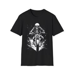 🏍️ Rev up your style with our striking black t-shirt! Featuring a bold black and white image of a skeleton on a motorcycle, this tee is perfect for motorcyclists who love to stand out. Whether you're hitting the open road or just cruising through town, this shirt combines edgy design with comfort. It's a must-have addition to any rider's wardrobe. Available in various sizes, this tee makes a great gift for motorcycle enthusiasts or a treat for yourself. Get ready to ride in style and showcase your passion for adventure with our skeleton motorcycle t-shirt! 🖤 .: There are no side seams. The collar is made with ribbed knitting to prevent curling damage.  .: All shirts feature a tear-away label for total wearing comfort.  .: Made using ethically grown and harvested US cotton. Biker T-shirt With Sublimation Print, Punk Black T-shirt For Biker Events, Casual Screen Print T-shirt For Biker Events, Biker T-shirt With Sublimation Print For Biker Events, Sublimation Print Biker T-shirt With Crew Neck, Motorcycling Short Sleeve Screen Print T-shirt, Sublimation Print Short Sleeve T-shirt For Motorcycling, Motorcycling Graphic Tee With Short Sleeves, Motorcycling Graphic Print Crew Neck T-shirt