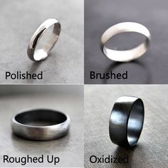 four different types of wedding rings with names on them and labeled in the pictures below