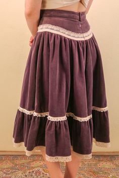 "Item Description: Velvet Purple Lavender Gunne Sax Style Lace Up Ren Faire Fairy Boho Hippie Peasant Skirt Brand: Handmade Origin: Era:1970's Condition: Good Condition, Small amount of fading on the waist Listed Size: Measurement (Laid Flat) Size:Small Waist:13.5\" Hips:Open Length:26\"" Bohemian Purple Ruffled Skirt, Vintage Purple Lined Skirt, Lavender Tiered Skirt With Ruffles, Lavender Tiered Ruffle Skirt, Ren Faire Fairy, Gunne Sax Skirt, Velvet Purple, Prairie Skirt, Peasant Skirt