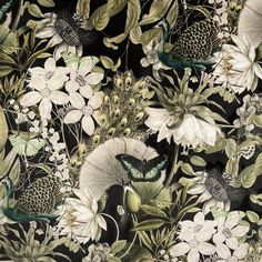 a black and white floral wallpaper with green leaves, flowers, and peacocks