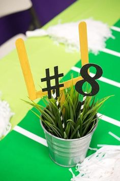 a table topped with a potted plant filled with grass