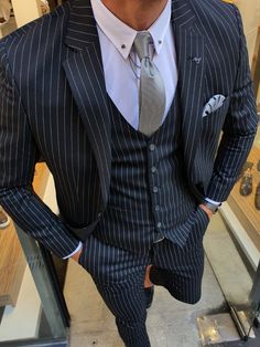 Reno Black Slim Fit Pinstripe Suit – brabion Stripe Suits For Men, Black Pinstripe Suit Men, Prom Suit Ideas, Gentlemen Lifestyle, Black Suit Vest, Dark Blue Suit, Gentleman Aesthetic, Pants Gift, Striped Vests