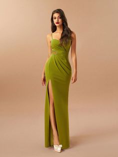 Verde Glamour Collar sin mangas Tela tejida Liso Tirantes Embellished Estiramiento medio Green Sleeveless Maxi Dress With Sweep Train, Spaghetti Strap Evening Dress With Sweep Train For Banquet, Party Dresses With Spaghetti Straps And Sweep Train, Party Dresses With Sweep Train And Spaghetti Straps, Spaghetti Strap Maxi Dress With Side Slits For Evening, Prom Season Gown With Side Slits For Banquet, Spaghetti Strap Evening Dress With Sweep Train For Party, Prom Season Banquet Gown With Side Slits, Glamorous Banquet Gown With Spaghetti Straps