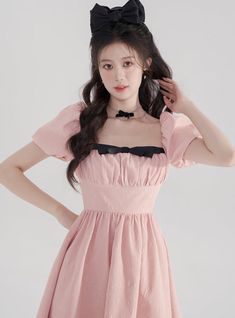 ❤︎Puff sleeves jacquard ribbon square collar dress❤︎ Square Collar Dress, French Dress, Pink French, Rose Bonbon, Square Neck Dress, Pink M, Slim Waist, Collar Dress, Summer Dresses For Women