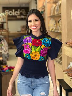 Traditional Mexican Shirts, Blusas Crop Top, Mexican Skirts, Mother's Day Promotion, Butterfly Sleeve Top, Flowers Embroidered, Mexican Shirts, Mexican Blouse, Floral Embroidered Top