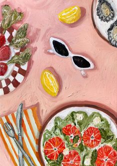 a painting of a salad and sunglasses on a pink table cloth next to utensils