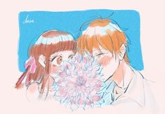 a drawing of two people with flowers in their hair, one holding the other's head