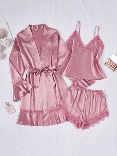 3pcs Set: Lace Patchwork Faux Silk Camisole Shorts & Robe Dusty Pink Sexy    Plain Short Sets Slight Stretch All,Fall/Winter Women Sleep & Lounge, size features are:Bust: ,Length: ,Sleeve Length: Backless Slip Dress, Plain Shorts, Silk Camisole, Lace Patchwork, Kids Sleepwear, Headbands For Women, Cami Tops, Winter Women, Short Sets