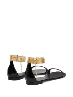 black leather gold-tone hardware ankle strap lobster claw fastening open toe branded insole flat sole Black And Gold Sandals, Ankle Strap Sandals Flat, Ankle Strap Flats, Gold Sandals, Giuseppe Zanotti, Flat Sandals, Black Sandals, Black And Gold, Lobster Claw