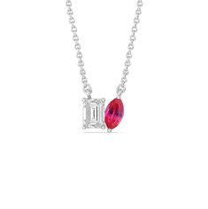 Adding this to any ensemble makes a subtle yet tasteful difference to your looks. This two-stone pendant features an emerald-cut diamond and Created Ruby marquise , on separate pronged bezels, sitting side by side to provide an eye-catching shine. Its edgy yet discreet design will complement everything, from casual jeans-and-a-tee to your elegant LBD. Fine Jewelry Emerald Cut Diamond Necklace, Diamond White Emerald Cut Gemstone Necklace, Sitting Side By Side, Emerald Diamond Necklace, Blue Wedding Band, Something Blue Wedding, Gorgeous Engagement Ring, Diamond Anniversary Rings, Ruby Gemstone