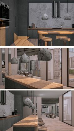 three different views of a modern kitchen and dining room with wood flooring, stone counter tops, and large windows