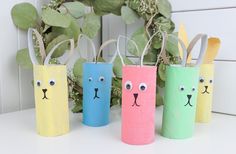 four toilet paper roll animals are sitting on a table next to a potted plant