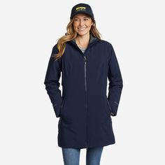 Women's Cloud Cap Stretch Insulated Trench Coat | Eddie Bauer Functional Winter Raincoat For Work, Functional Winter Raincoat For Workwear, Functional Winter Workwear Raincoat, Windproof Outerwear For Travel, Windproof Travel Outerwear, Waterproof Solid Outerwear For Travel, Solid Color Windproof Outerwear For Travel, Waterproof Solid Color Outerwear For Travel, Midweight Waterproof Outerwear For Fall