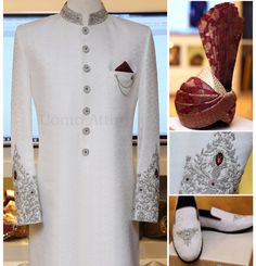 Description Elegance Silver Embellished Sherwani Handcrafted with Fastidious details with turban and Shoes. Tuxedo Tie, India Fashion Men, Formal Menswear, Indian Groom Dress, Formal Attire For Men, Groom Sherwani, Sherwani For Men Wedding, Wedding London, Groom Dress Men