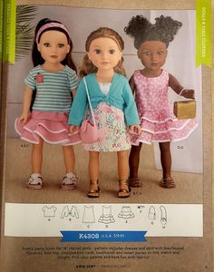 three dolls standing next to each other in front of a cardboard box with instructions on how to make them