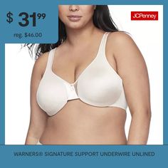 This underwired women's bra from Warners Signature Support collection is made from a stretch woven fabric with built-in medium support, full coverage, and hook-and-eye back closures.Bra Type: Underwire, Minimizer, Full CoverageFeatures: Stretch Fabric, Adjustable Straps, Back Support, Comfort StrapsClosure Type: Hook & EyeSupport: Medium SupportFiber Content: 75% Nylon, 25% SpandexFabric Description: WovenCare: Machine WashMaterial: NylonCountry of Origin: Imported Coverage Bras, Full Coverage Bra, Back Support, Womens Bras, Woven Fabric, Stretch Fabric, Adjustable Straps, Built In, Bra