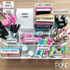 an organized plastic container with labels and other items labeled in the word dictionary