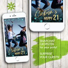 two cell phones with christmas greetings on them and an image of the same person