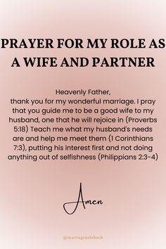 a prayer for my role as a wife and partner on pink background with handwritten text