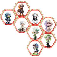 an assortment of figurines are displayed in hexagons on a white background