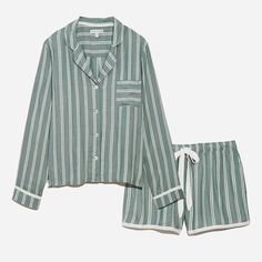 PJ Salvage's striped pajama set has every promise of a good winter night's sleep. Cut from the softest woven sateen, this forest green set allows you to embrace the winter spirit while staying cool and breathable during the night. Whether you're getting into the festive spirit or lounging around all year long, this set could not be a better addition to your sleep wardrobe. Striped Pajama Set, Descendants Dr, Winter Pajamas, Short Pj Set, Striped Pyjamas, Striped Short, Women Men Shoes, Trending Today, Pj Sets