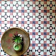 a potted plant sitting on top of a wooden table next to a black and white checkered wall