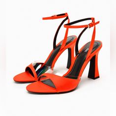 Brand New. Satin Effect Sandals. Front Vinyl Detail. Rounded Toe. Buckled Ankle Strap Closure Heel Height 3.7” Orange Pointed Toe Sandals For Summer, Orange Block Heel Sandals For Evening, Summer Orange Pointed Toe Sandals, Zara Sandals For Night Out In Summer, Elegant Orange Sandals For Summer, Elegant Orange Summer Heels, Zara Open Toe Party Heels, Elegant Orange Heels For Summer, Zara Strappy Evening Heels