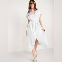 Old Navy Short-Sleeve Waist-Defined Midi Shirt Dress For Women Beach Shirt Dress With Tie Waist And Short Sleeves, White Tie-waist Shirt Dress For Summer, White Short Sleeve Shirt Dress With Tie Waist, Casual White Midi Length Shirt Dress, White Shirt Dress With Tie Waist For Summer, Casual White Collared Shirt Dress, Casual White Collared Dress, White Collared Shirt Dress For Vacation, Casual Relaxed Fit Shirt Dress With Tie Waist