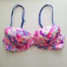 Very Pretty 34c Demi Bra From Pink Victoria's Secret With Lace Detailing. Never Worn!! Lovely Colors, Very Vibrant. Mostly Hot Pink With Fuchsia, Purple, White, Yellow, And Periwinkle. Multicolor Padded Underwire Bra, Multicolor Underwire Bra With Padded Cups, Summer Underwire Bra In Purple, Purple Underwire Summer Bra, Purple Underwire Bra For Summer, Summer Purple Underwire Bra, Fitted Multicolor Bra With Padded Cups, Summer Purple Bra With Padded Cups, Purple Push-up Bra For Summer