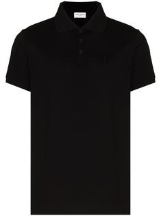 Designer Cotton Collared T-shirt, Designer Black Cotton Polo Shirt, Black Cotton Polo Shirt With Embroidered Logo, Black Collared T-shirt With Embroidered Logo, Designer Cotton Tops With Ribbed Collar, Designer Short Sleeve Tops With Ribbed Collar, Designer Short Sleeve Top With Ribbed Collar, Designer Black Polo Shirt With Embroidered Logo, Designer Black Polo Shirt With Ribbed Collar