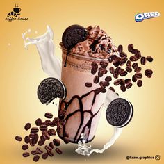 an oreo milkshake with chocolate chips and cookies falling out of the top