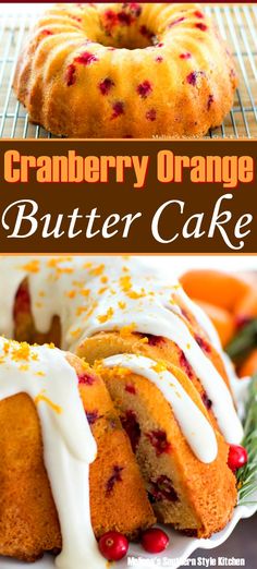 cranberry orange butter cake with icing on a white plate next to an orange bundt cake