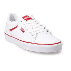 Nwt Super Cute White And Red Sneakers In Box White Leather Vans Sneakers, Vans White Synthetic Sneakers, White Vans Synthetic Skate Shoes, White Leather Skate Shoes With Red Sole, White Synthetic Vans Skate Shoes, White Synthetic Skate Shoes With Red Sole, Red Vans Skate Shoes With Red Sole, Red Vans Skate Shoes, Vans Leather Sneakers With Red Sole