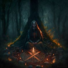 a woman sitting in the middle of a forest next to a compass with candles on it