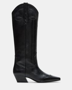 DOLLIE Black Leather Western Boot | Women's Boots Black Leather-lined Boots For Fall, Black Leather Lined Boots For Fall, Spring Black Calf Leather Boots, Black Calf Leather Boots For Spring, Black Leather Boots With Leather Backing, Sleek Black Boots With Leather Lining, Sleek Black Leather Boots, Leather Western Boots, Western Boots Women