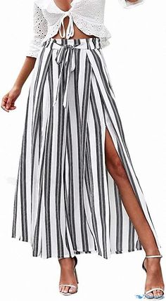 Orcajump - Elegant Striped High-waist Belted Palazzo Pants with Split Hem Pant Length, Palazzo Pants, Split Hem, Waist Belt, Dressmaking, Wide Leg Pants, High Waist, Split, High Waisted