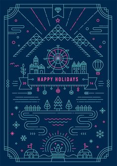 a blue and pink holiday card with the words happy holidays written in white on it