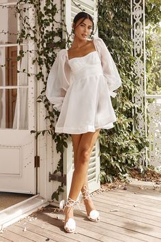 Shop the I've Got Sunshine Long Sleeve Mini Dress White | Selfie Leslie Tie Up Heels, Mini Dress White, Skirt Zipper, Graduation Dresses, White Long Sleeve Dress, Long White Dress, White Short Dress, Feminine Silhouette, Date Night Dresses