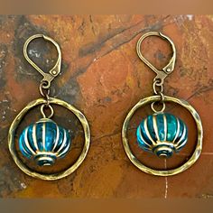 New Boho Blue Czech Glass Bead & Brass Hoop Earrings With Lever Back Hooks. Hoops Are 7/8 Inches In Diameter. Czech Glass Jewelry, Brass Hoop Earrings, Boho Blue, Brass Hoops, Czech Glass Beads, Glass Jewelry, Glass Bead, Czech Glass, Glass Beads