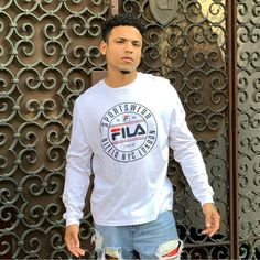 Amazing Fila T-Shirt Design Crew Neck 100% Cotton White Long Sleeve T-shirt With Branding, Casual White Shirt With Branding, White Long Sleeve Shirt With Branding, Casual Long Sleeve Shirt With Branding, Pre-shrunk Long Sleeve White Shirt, Pre-shrunk White Long Sleeve Shirt, Fila Vintage, Long Sleeve Tee Shirt, Camo Designs