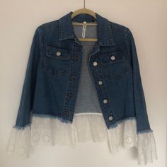 All Offers Always Considered. Nwot Perfect Addition To Your Spring/Summer Wardrobe. Trendy Denim Jacket With White Lace Trim. Never Worn! Size M Blue Denim Jacket For Spring Day Out, Denim Blue Summer Outerwear For Day Out, Summer Denim Blue Outerwear For Day Out, Medium Wash Denim Jacket For Summer Day Out, Cotton Denim Jacket With Frayed Hem For Day Out, Denim Outerwear For Summer Day Out, Dark Wash Summer Outerwear For Day Out, Summer Dark Wash Outerwear For Day Out, Spring Blue Denim Jacket With Frayed Hem