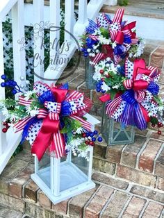 two red, white and blue bows on lanterns