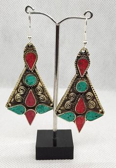 Its Beautiful Handmade Boho Design Vintage Tibetan Earrings with Turquoise and Coral Stone Multicolor Brass Drop Earrings, Handmade Green Bohemian Plug Earrings, Turquoise Brass Jewelry For Festivals, Unique Green Festival Earrings, Green Festival Earrings, Unique Green Earrings For Festivals, Adjustable Multicolor Brass Earrings, Green Bohemian Hoop Earrings For Festive Occasions, Green Festival Earrings For Pierced Ears