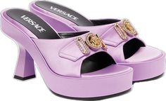 Luxury Purple Sandals With Open Heel, Designer Embellished Mules, Luxury Purple Open Toe Sandals, Luxury Slides With Padded Heel, Luxury Purple Evening Sandals, Designer Slides For Party, Luxury Platform Slides For Summer, Luxury Slides For Formal Summer Events, Luxury Formal Slides For Summer