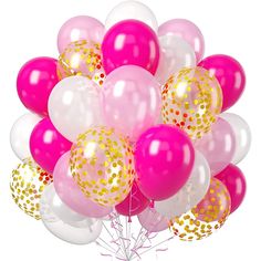 a bunch of pink and white balloons with gold confetti