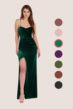 a woman wearing a green velvet dress and matching sandals with different color options for each outfit