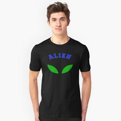 an alien t - shirt with the word alien in blue and green on it's chest