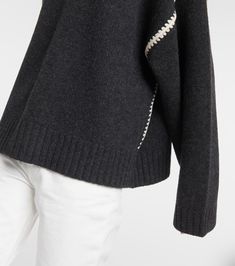 Embroidered wool and cashmere sweater in grey - Toteme | Mytheresa Wool Jacquard Knit Turtleneck Sweater, Cashmere Crew Neck Knit Sweater, Lambswool Knit Sweater For Fall, Long Sleeve Cashmere Knit Sweater, Fall Lambswool Knit Sweater, Fall Lambswool Sweater, White Cashmere Sweater, Designer Clutch Bags, Latest Sweater