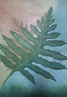 a painting of a green leaf on a blue background