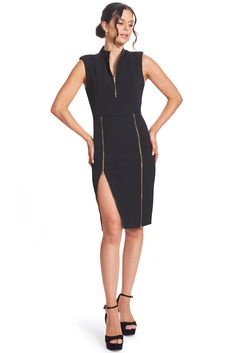 Explore the adaptability & versatility of our Just Zip It Dress. Boasting exposed functional gold zippers, this multipurpose LBD allows you to dictate the direction of your style. Crafted from stretch poly crepe, this midi dress showcases 1/4" thick shoulder pads and numerous functional zippers, including along the center back, front bodice, and skirt front princess seams. With the option to zip it closed for a more modest appearance, unzip it for a more alluring look, or find a middle ground. Y Working Dresses, Mandarin Dress, Mermaid Midi Dress, Bianca Dress, Zip Front Dress, Ponte Dress, Sleeveless Midi Dress, Princess Seams, Black Midi